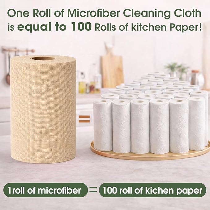Microfiber Cleaning Cloth Roll - 100 Pack Tear Away Microfiber Paper Towels Reusable Washable Scratch-Free Kitchen Towels for Car Home Kitchen Glass Dishes (Wheat Beige)