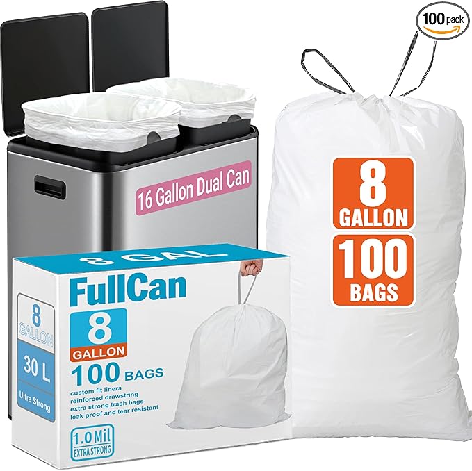 8 Gallon 100 Count Trash bags for Dual Compartment Trash Can (2 x 8 Gallon) Drawstring Kitchen Garbage Bags Pre-Separated Heavy Duty 1.2 Mil Tear &amp Leak Resistant PERFECT FIT &amp GRAND SAVE!