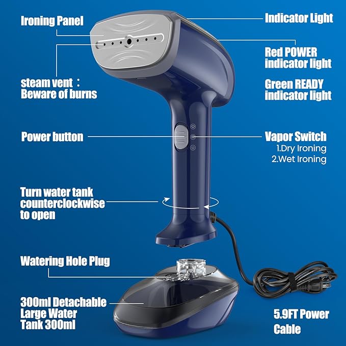 Powerful Handheld Fabric Steamer - 1800W with Fast Ceramic Heat-Up Plate 2-in-1 Ironing &amp Wrinkle Remover Steam Nozzle Lint Brush - Blue for US 120V Only