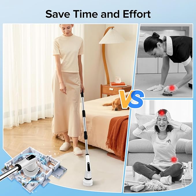 Electric Spin Scrubber Dreazu IPX7 Shower Scrubber with 7 Replaceable Brush Heads &amp Retractable Handle 2-Speed Adjustable Shower Cleaner for BathroomToilet Bathtub Kitchen Tile Floors