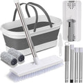 Flat Mop and Bucket Set with Heavy Duty Scrub Brush 2 Washable Reusable Microfiber Pads for Tile Hardwood Wall Cleaning Home Indoor or Outdoor Cleaning (White-Gray)