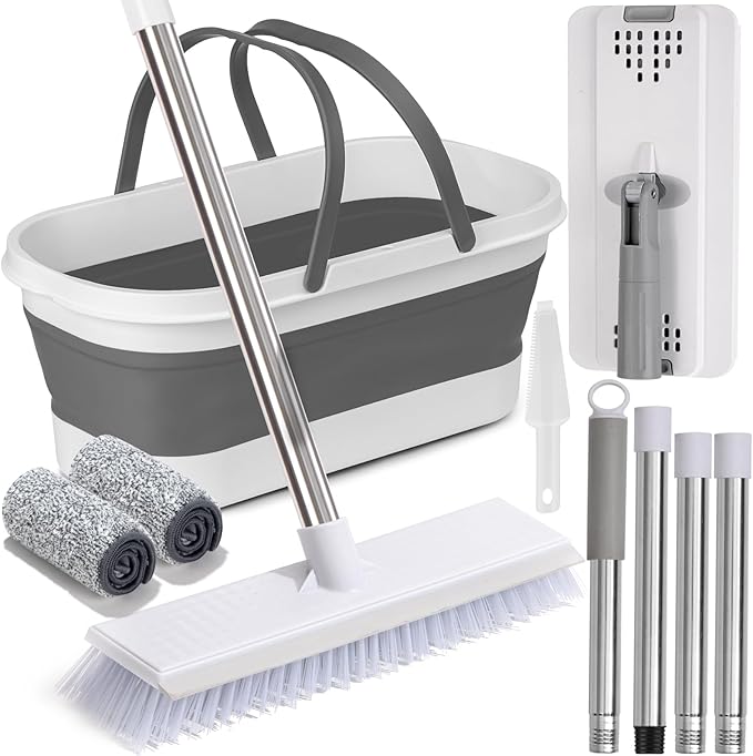 Flat Mop and Bucket Set with Heavy Duty Scrub Brush 2 Washable Reusable Microfiber Pads for Tile Hardwood Wall Cleaning Home Indoor or Outdoor Cleaning (White-Gray)