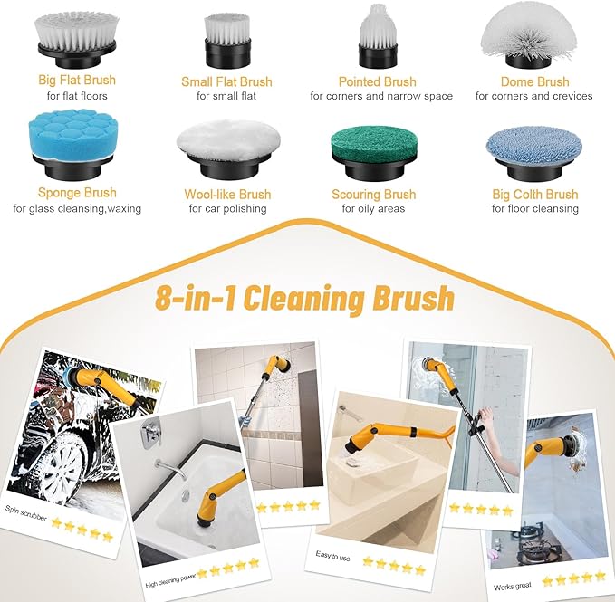 Qimedo 1500 RPM Electric Spin Scrubber with Two Batteries Q2 Pro Cordless Battery Powered Shower ScrubberElectric Tile Floor Scrubber with Display for Grout/Tile/Tub (Effortless Handle/8 Brushes)