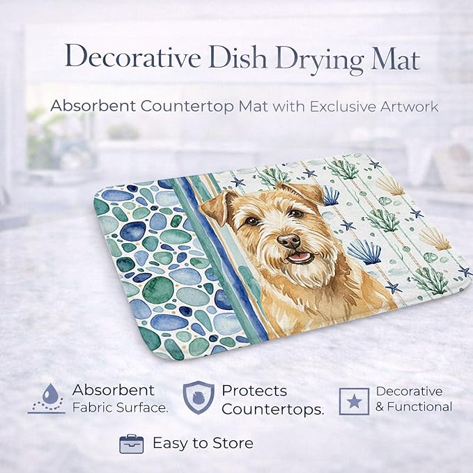 Caroline's Treasures Wheaten Norfolk Terrier Coastal Sea Glass Dish Drying Mat Absorbent Dish Drying Mat Pad for Kitchen Counter Dish Drainer Mat for Countertop 14 x 21 Multicolor