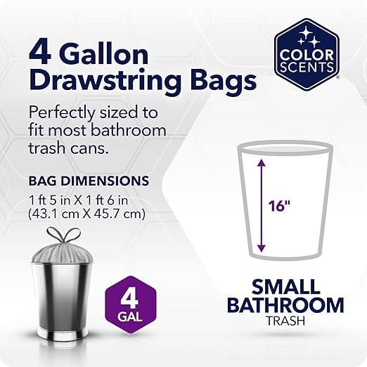 Color Scents Small Trash Bags - 4 Gallon 200 Bags (1 Pack of 200 Count) Drawstring - Silver Bag in Simply Clean Scent with Microban