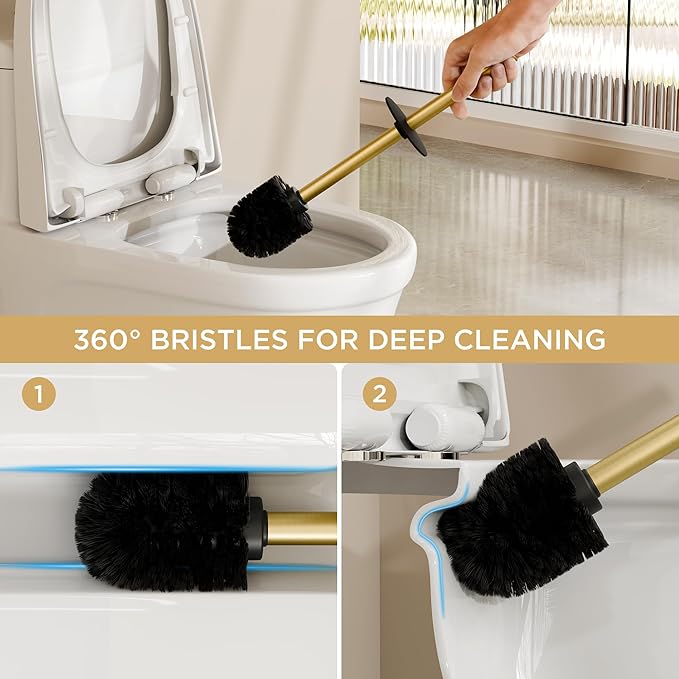 FORIOUS Toilet Brush and Holder Set Heavy Duty 304 Stainless Steel Base Square and Long Handle for Bathroom Deep Cleaning Drip-Proof Space Saving for Storage 2 Toilet Bowl Brush Head Dark Gold