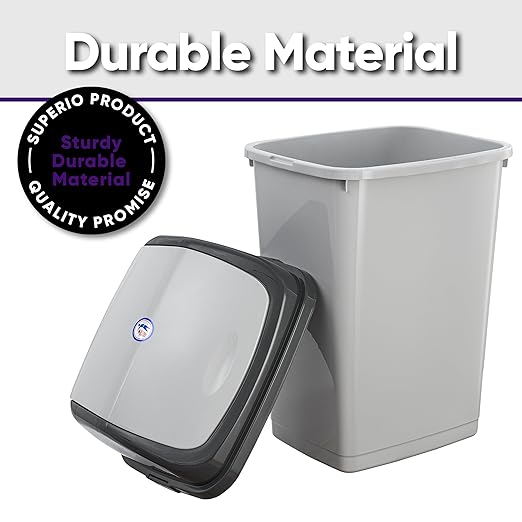 Superio Kitchen Trash Can 13 Gallon with Swing Lid Plastic Tall Garbage Can Outdoor and Indoor Large 52 Qt Recycle Bin and Waste Basket for Home Office Garage Patio Restaraunt (Smoke)