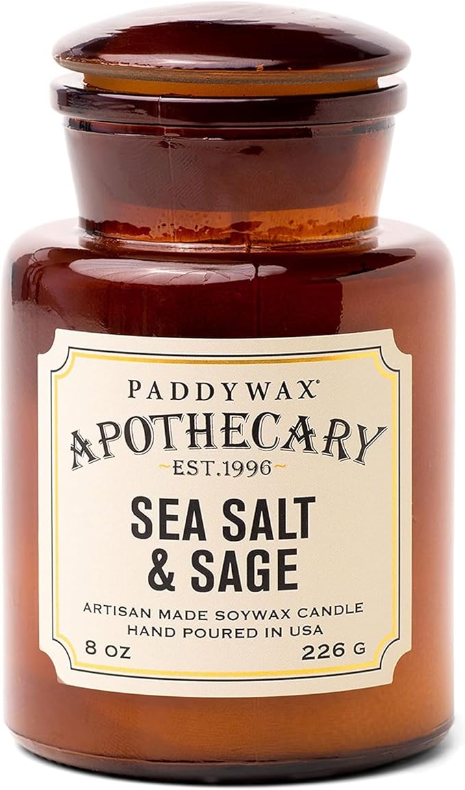 Paddywax Artisan Apothecary Scented Candle with Lid in Reusable Glass Jar Clean-Burn Soy Candle with Approx. 54 Hour Burn Time Sea Salt &amp Sage 8 oz.
