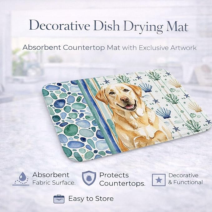 Caroline's Treasures Yellow Labrador Retriever Coastal Sea Glass Dish Drying Mat Absorbent Dish Drying Mat Pad for Kitchen Counter Dish Drainer Mat for Countertop 14 x 21 Multicolor
