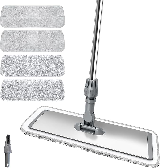 17.7 Microfiber Mop for Floor Cleaning 59in Long Adjustable Stainless Steel Handle 360° Rotating Large Flat Mops 4 Washable Pads for Dry &amp Wet Cleaning for Hardwood Vinyl Laminate Grey