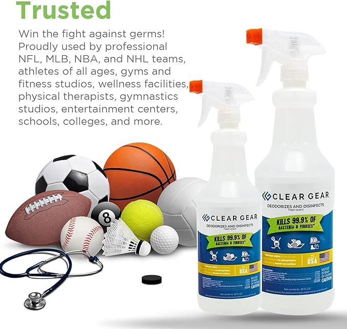 Clear Gear Gym Disinfectant Yoga Mat Cleaner Deodorizer For Sports Equipment Gyms and Fitness Centers - Mixed Pack - 16 Oz and 32 Oz Bottle Hospital grade Disinfectant Spray Pack