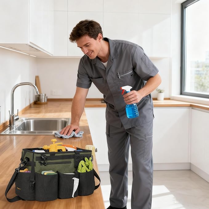 Wearable Cleaning Caddy Bag for Cleaning SuppliesLarge Capacity Cleaning Organizer Green