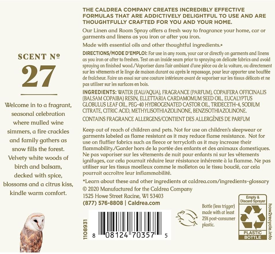 Caldrea Linen And Room Spray Air Freshener Made With Essential Oils Plant-Derived And Other Thoughtfully Chosen Ingredients Gilded Balsam Birch 16 Oz
