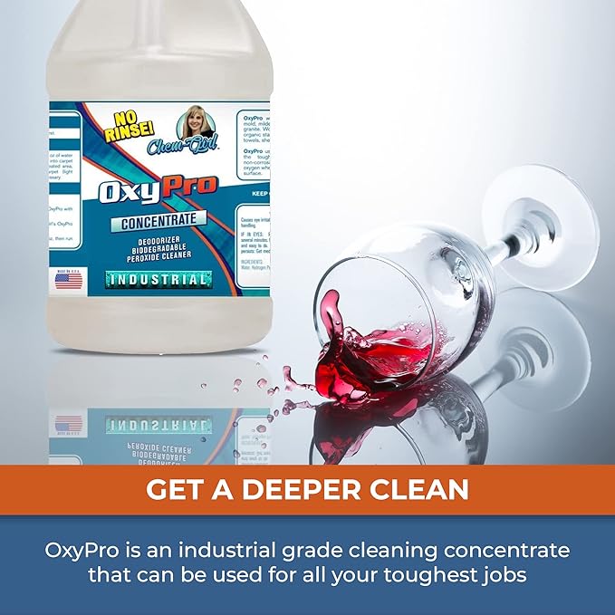 Chem-Girl OxyPro Concentrated Multi-Purpose Surface Cleaner to the Rescue - Chlorine-Free Oxygen-Powered Stain &amp Odor Remover 5 Percent Hydrogen Peroxide (H2O2) 1-Gallon 2-Pack