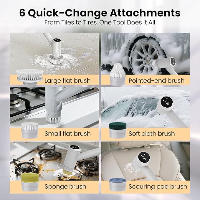 Electric Spin Scrubber - 4500mAh Cordless Cleaning Brush with 6 Brush Heads 47 Adjustable Handle Relieves Back Pain IPX7 Waterproof Power Scrubber for Bathroom Shower Floor Tile Bathtub