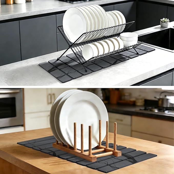 Large Stone Dish Drying Mat for Kitchen Counter Thin &amp Light Quick Dry Stone Dishes Mats Foldable Water Absorbing Diatomite Drying Pad for Kitchen Bathroom Sink Countertop (Gray Ink 24×16 &amp