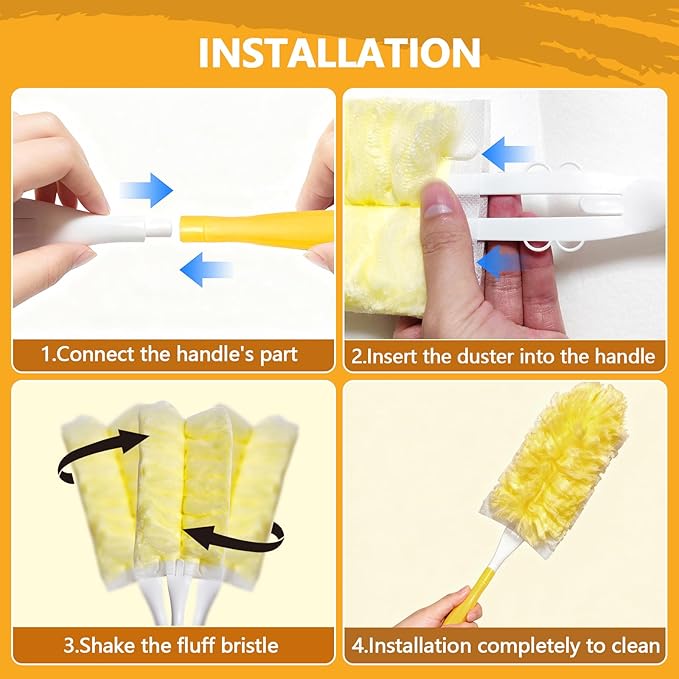 60 Pack Duster Refills Kit Fit for Swiffer Duster Handle360° Deep Cleaner Heavy Duty Replacement with 1 Handle(Yellow)