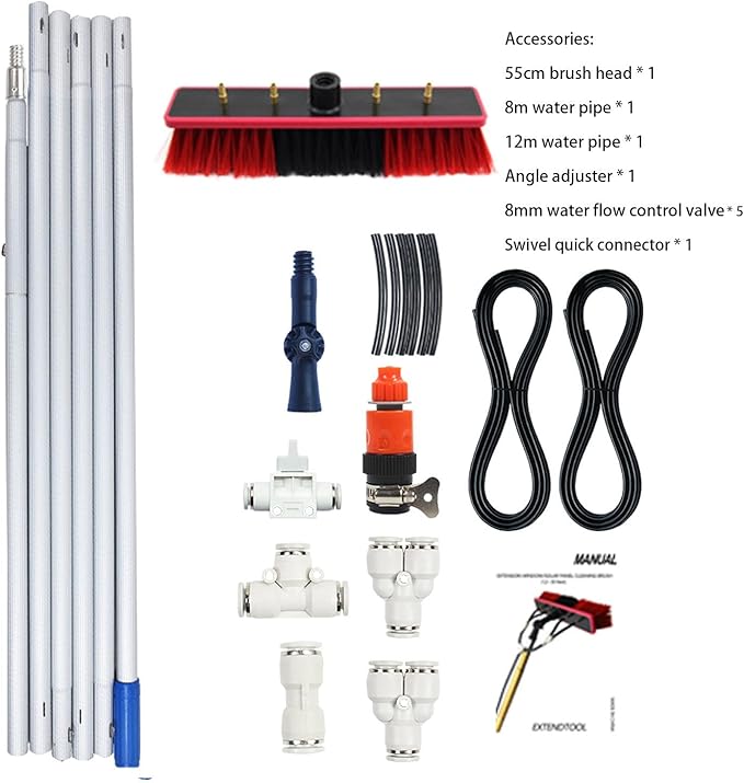 3m-9m Adjustable Solar Panel Cleaning Brush and Pole Window Cleaner Brush &amp Water Fed Pole Kit Solar Panel Cleaning System Window Washing Equipment Tool4M/55cm Brush Head