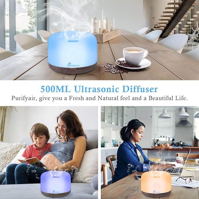 Diffuserlove Essential Oil Diffuser 500ML Aromatherapy Diffuser Mist Humidifiers 7 Color LED Lights Diffusers for Home Office Bedroom (Size:6.7 L x 6.7 W x 4.7 H)