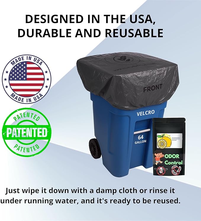 Trash Can Smell Eliminator Cover Odor Eliminating Bag with Optional Straps Lemon Scented Durable Chemical Free 64 Gallon 2 Pack
