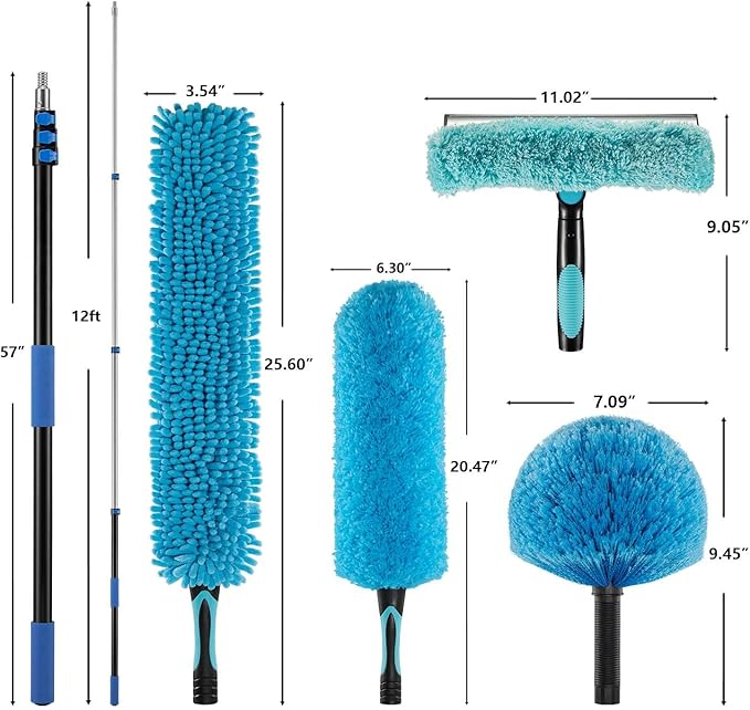20 Foot Fan Cleaner High Ceiling 2 Cobweb Dusters with Heavy Duty Extension Pole Window Squeegee Kit Household Cleaning Gloves(12ft)
