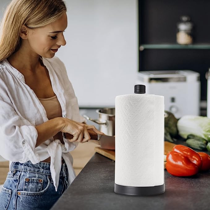 Heavy-Duty Stainless Steel Paper Towel Holder - Easy One-Handed Tear with Suction Cups - Modern Weighted Standing Countertop Dispenser for Kitchen - Holds All Paper Towel Rolls Black