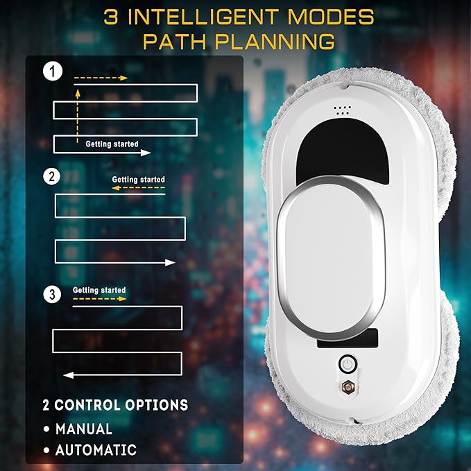 White Automatic Window Cleaner Robot W100 11.8 x 5.9 x 4.7 Inch with 3 Modes and 10 Cloth Pads. Window Vacuum Cleaner for Windows Without Water Spray. Automatic Glass Cleaner Vacuum 72dB