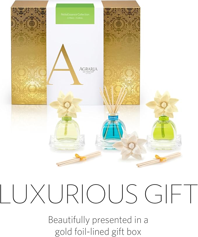AGRARIA Citrus &amp Floral PetiteEssence Collection Handmade Sola Flower Reed Diffuser Set of 3 Luxury Home Fragrance Scented Oil Diffuser Gift Set