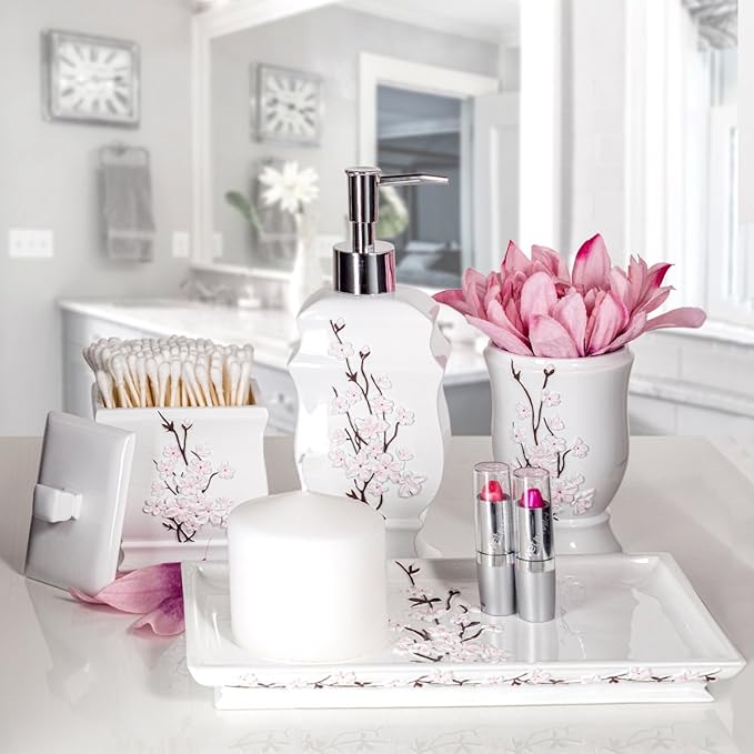 Creative Scents Vanda Bathroom Set - Cherry Blossom White Bathroom Accessories Set - 4 Piece Floral Bathroom Soap Dispenser Set Includes: Lotion Dispenser Toothbrush Holder Tumbler &amp Soap Dish