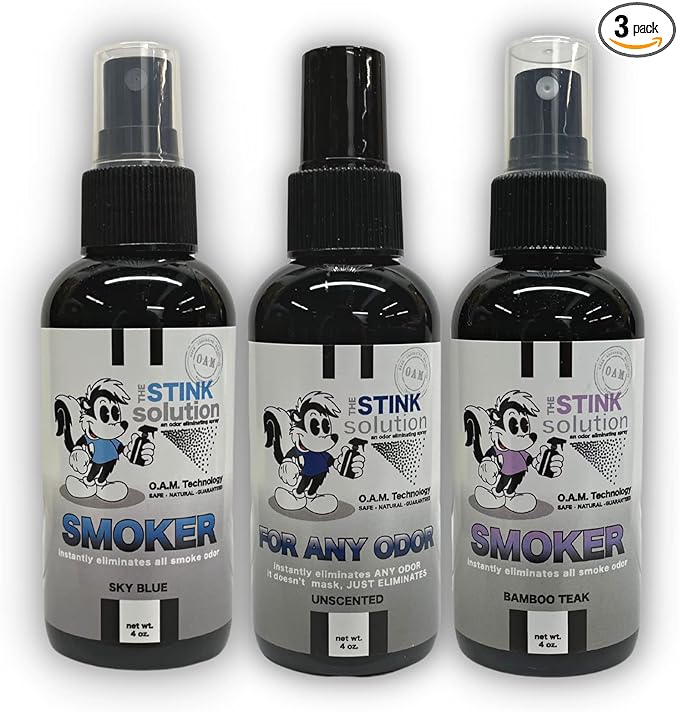 The Stink Solution Smoke Odor Eliminator Spray - Completely Remove Smoke Smell From House Car Clothes Hair &amp More - Best Odor Eliminator For Smoke - Bamboo Teak Sky Blue &amp Unscented 4 oz