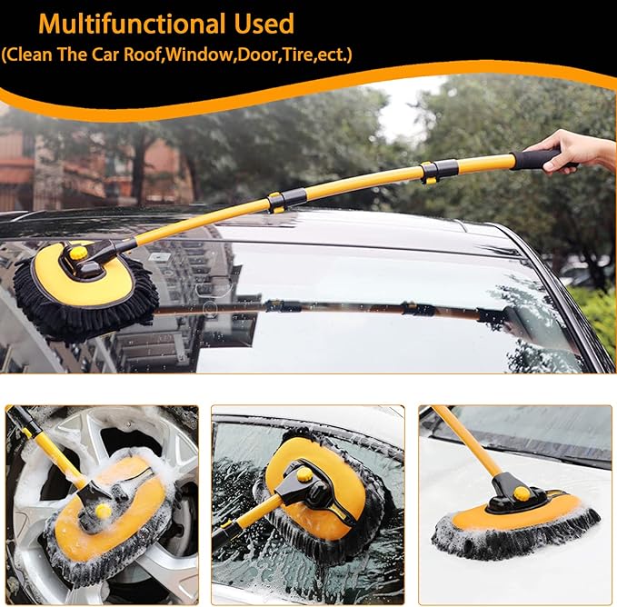 15° Curved Car Cleaning Brush with Telescopic Handle 43 Aluminum Alloy Long Rod Wash Mop For Washing Caravan Van Truck Boat RV Roof Soft Chenille Head Duster Clean Product Not Hurt Paint Scratch Free