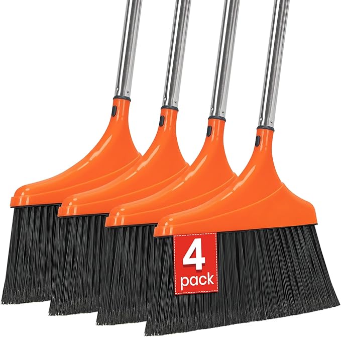 4 Pack Heavy-Duty Angle Broom for Floor Cleaning with 52 Long Handle Stiff Bristle Angle Commercial and Industrial Broom Indoor Outdoor Broom for Garage Kitchen Office Lobby Patio