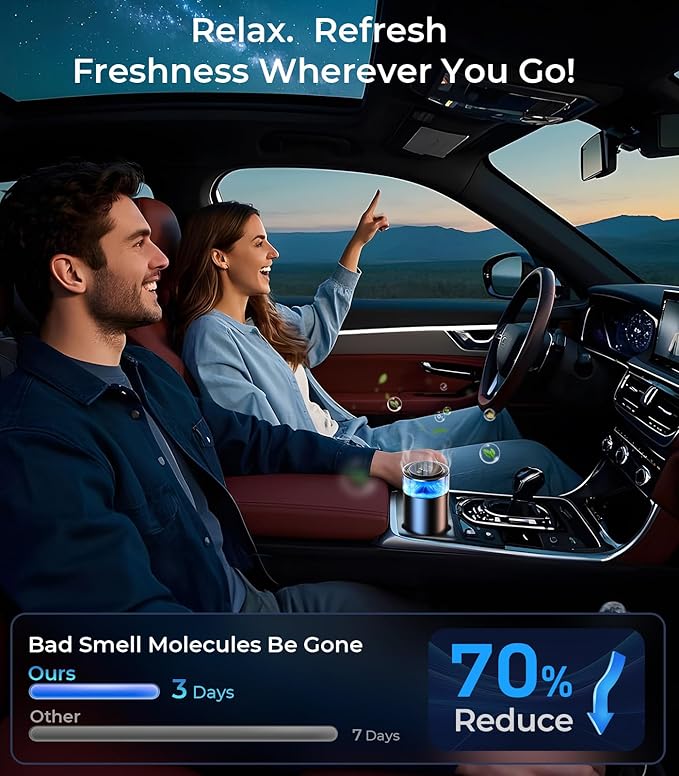 Smart Car Air Fresheners Ambient Light &amp Mist Fragrance Auto On/Off Car Air Freshener Diffuser Adjustable Intensity Lasts 6 Months Built-in Battery Premium Scents Refill X2 - Coconut