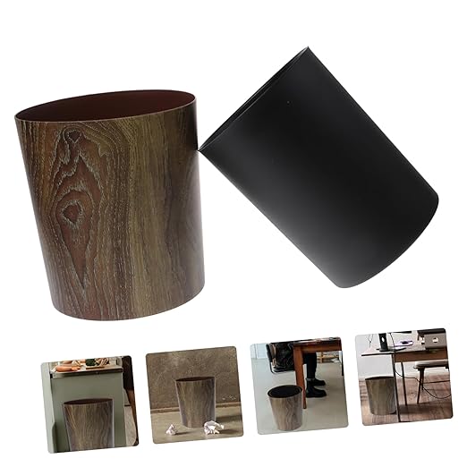 Vintage Wood Grain Trash Can Compact Round Wastebasket for Bathroom Kitchen Living Space Saving Home Garbage Container with Large Capacity and Multifunctional Use