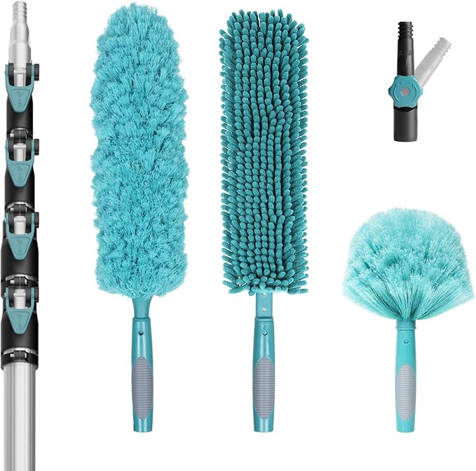 30 Foot High-Reach Duster Kit with 6-24FT Extendable Pole - High Ceiling Duster Cleaning Kit with Telescopic PoleCobweb Duster Chenille Ceiling Fan Duster Microfiber Feather Duster