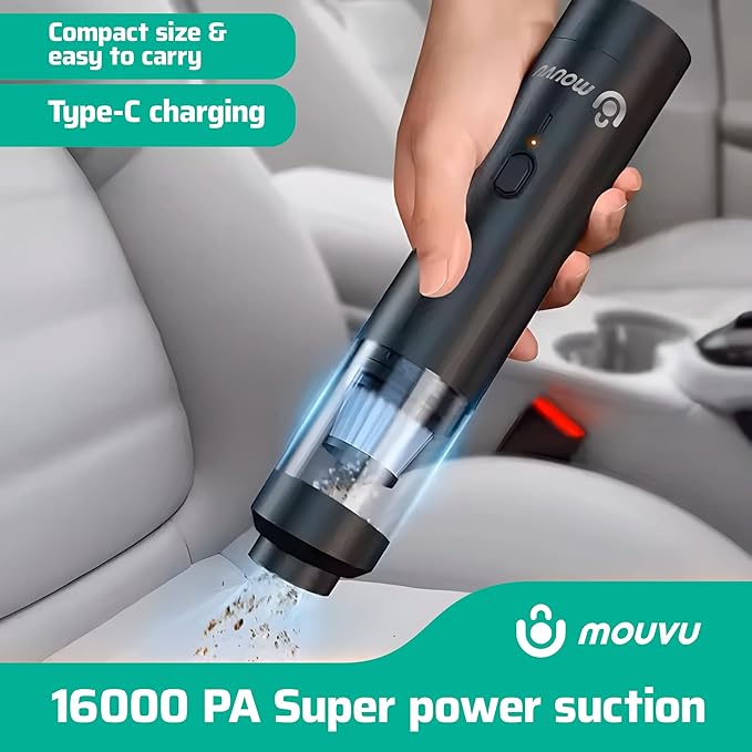 Portable Mini Cordless Vacuum with 16000pa Suction Power Type-C Charge 2 Suction Modes Handheld Vacuum for Car Office Desk Keyboards Couchs Hidden Areas.