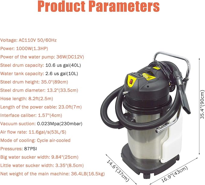 Carpet Extractor Machine 40L 3 in 1 Stainless Steel Carpet Cleaning Machine for Sofa Cleaning 110V 1000W