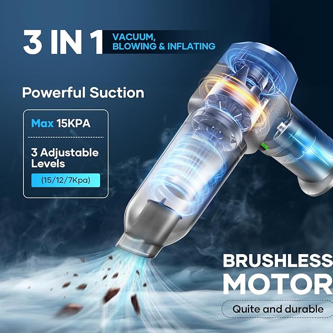 Mini Vacuum Cleaner 3 in 1 Car Vacuum Cleaner High Power 15000PA Powerful Suction Air Duster 7500mAh Adjustable Small Vaccum Portable Cordless for CarsDesktopHome- Light Blue