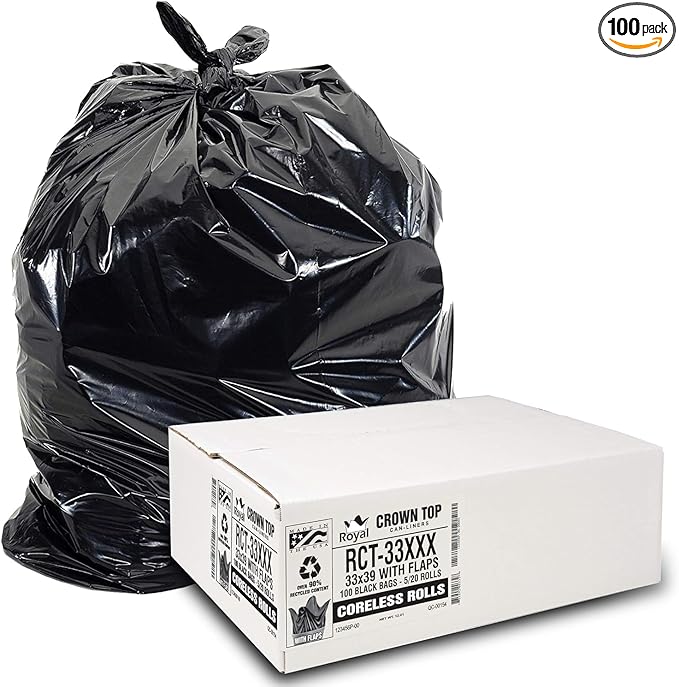 Aluf Plastics RCT-33XXX Heavy Duty 33 Gallon Trash Bags (Huge 100 Ct. /w Flap Ties) - 2 MIL equiv. Thick Gauge Large Black Plastic Garbage Liners for Kitchen Home. Outdoor Lawn Yard Contractors B