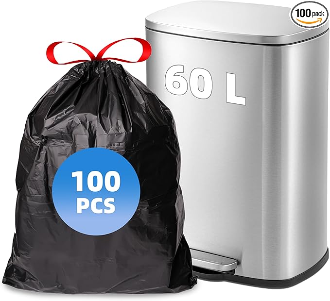 13+ Gallon Ultra StrongDrawstring Trash Bags Heavy DutyTrash Bags Tall Kitchen Large Black Garbage Bags (100)