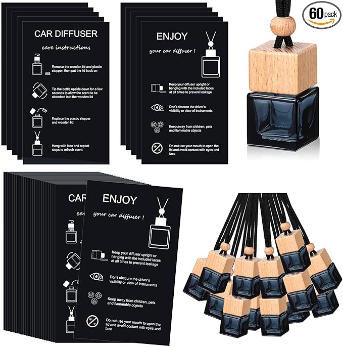 60 Sets Car Diffuser Bottles Empty Bulk Hanging Car Air Freshener Diffuser Bottles Bulk Glass Perfume Holder with Instruction Cards for Essential Oil Fragrance Pendant(SquareBlack)