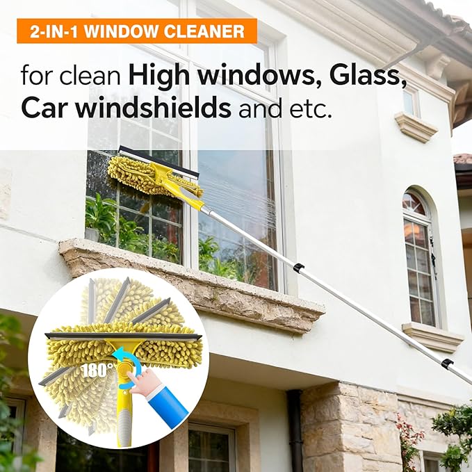 4-12Ft Telescoping Extension Pole Kit 5-in-1 High Reach Duster with Chenille Window Squeegee Microfiber Feather Cobweb Duster for Ceiling Wall Hard-to-Reach Indoor &amp Outdoor Cleaning Yellow