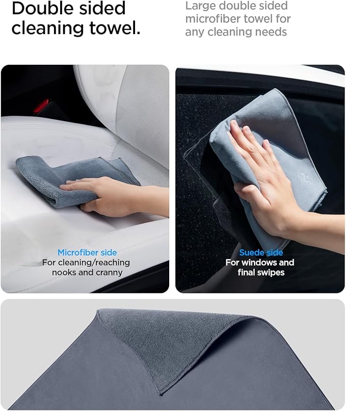 Spigen Car Interior Seat Cleaner &amp Stain Remover [Safe &amp Eco-Friendly Solution] Kit with CyberCase &amp Double-Sided Microfiber Towel Accessories for Tesla White/Black Leather Seats Dashboar