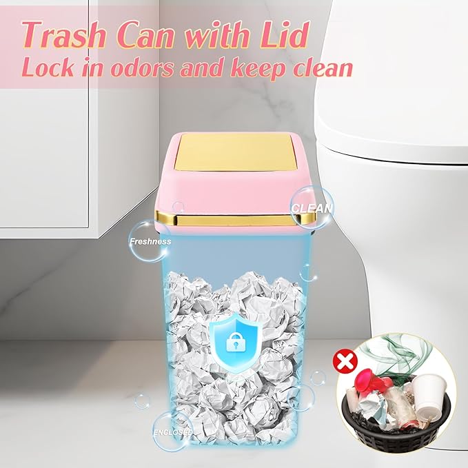 Bathroom Trash Can with Lid 4 Gallon Small Trash Can with Swing Lid White/Pink/Green Bathroom Garbage Can with 225 Counts Trash Bags for Kitchen Bedroom Office