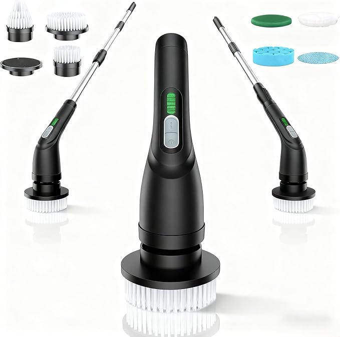 Shower Scrubber with Long Handle - Bathroom Power Electric Spin Scrubber for Cleaning Bathtub with 7 Brush Heads - Cordless IPX7 Waterproof Automatic for Grout Tile Tub Toilet Car