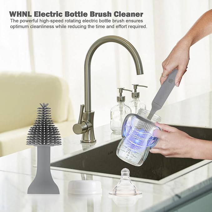 Electric Bottle Brush 4 Piece Bottle Brush Set with Baby Bottle Brush Cleaner Nipple Brush Pacifier Cleaner Straw Cleaner Brush Gifts for Newborns and Mothers Grey