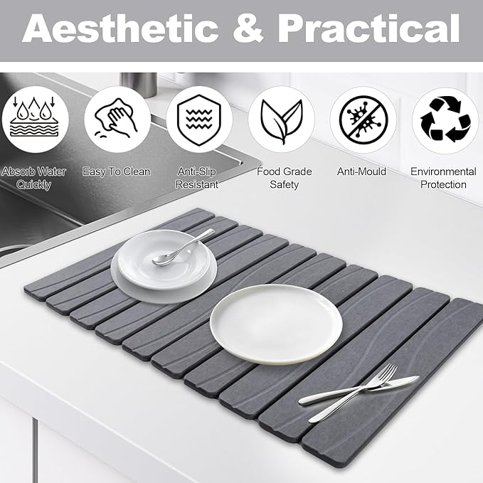 Stone Drying Mat for Kitchen Counter 24x16 Large Diatomaceous Earth Stone Dish Drying Mat Fast Absorbing Foldable Quick Dry Stone Sink Mat for Dishes Pans &amp Kitchen Utensils (Gray)