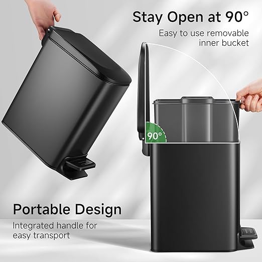 TIPGO Slim Bathroom Trash Can with Lid Soft Close Step Pedal 6 Liter / 1.6 Gallon Stainless Steel Trash Bin Small Garbage Cans for Bedroom Office Kitchen (Matte Black)