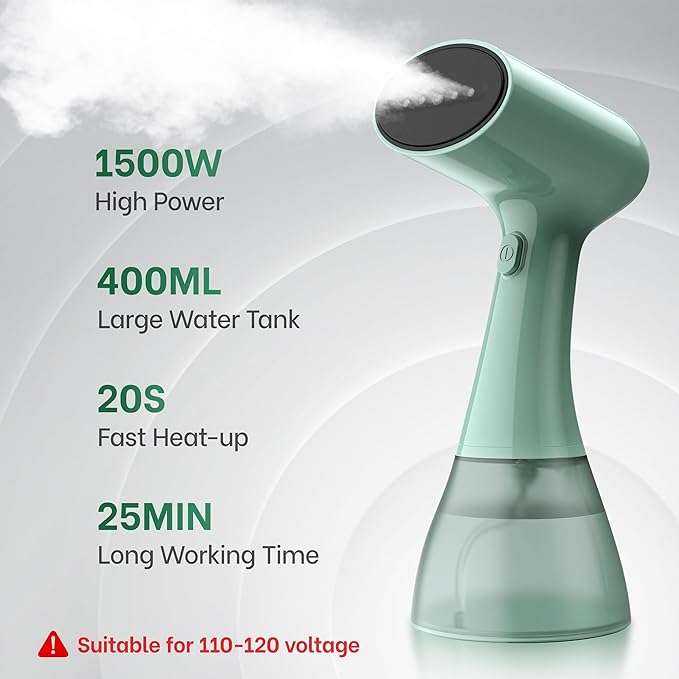 GS01 Steamer for Clothes clothes steamer handheld with Ultra Large 400ml Water Tank 1500W High Power 20S Fast Heat-upWrinkle RemoverPortable Handheld Design Travel Steamer (Green)