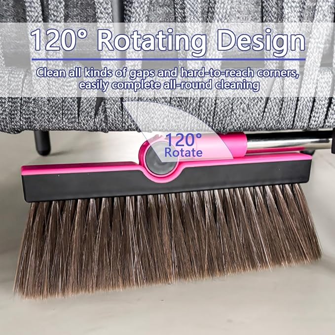 Triangular Indoor Broom and Dustpan Comb Set 180° Rotating Soft Bristle Long Handle Upright Sweeping Angled Broom with Self-Cleaning Teeth for Home Kitchen Office Wood Floor (Black Pink)